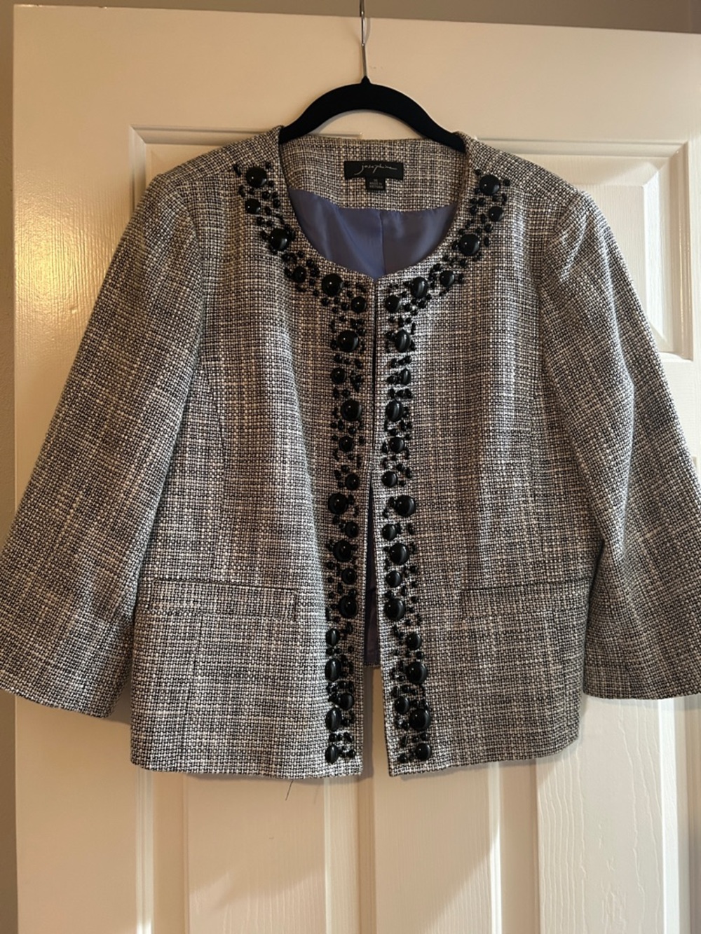 Black and white Tweed Jeweled-Trim Cropped Jacket